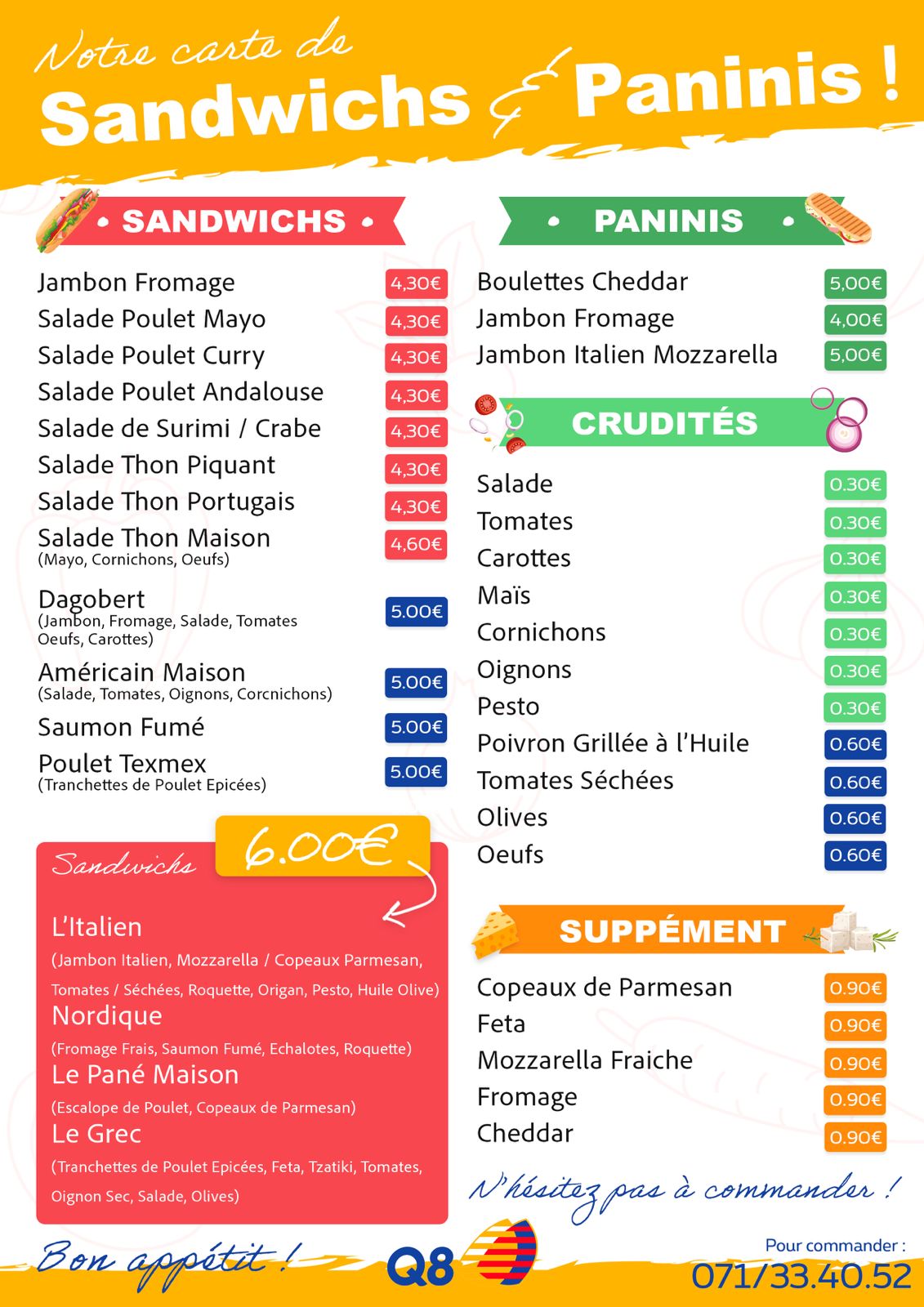 Carte complete des sandwichs de la Station Pompilio a Charleroi